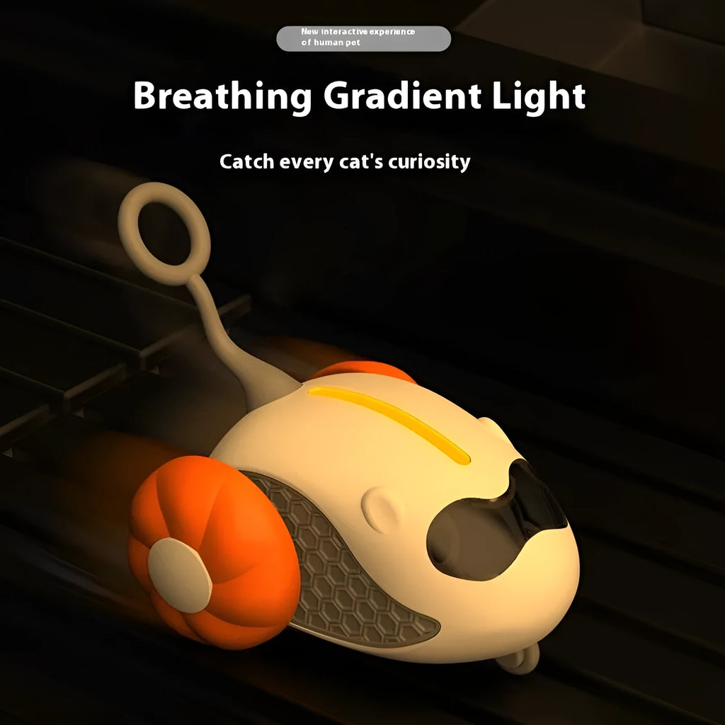 Remote control cat teaser toy in orange with feather attachment on plastic body