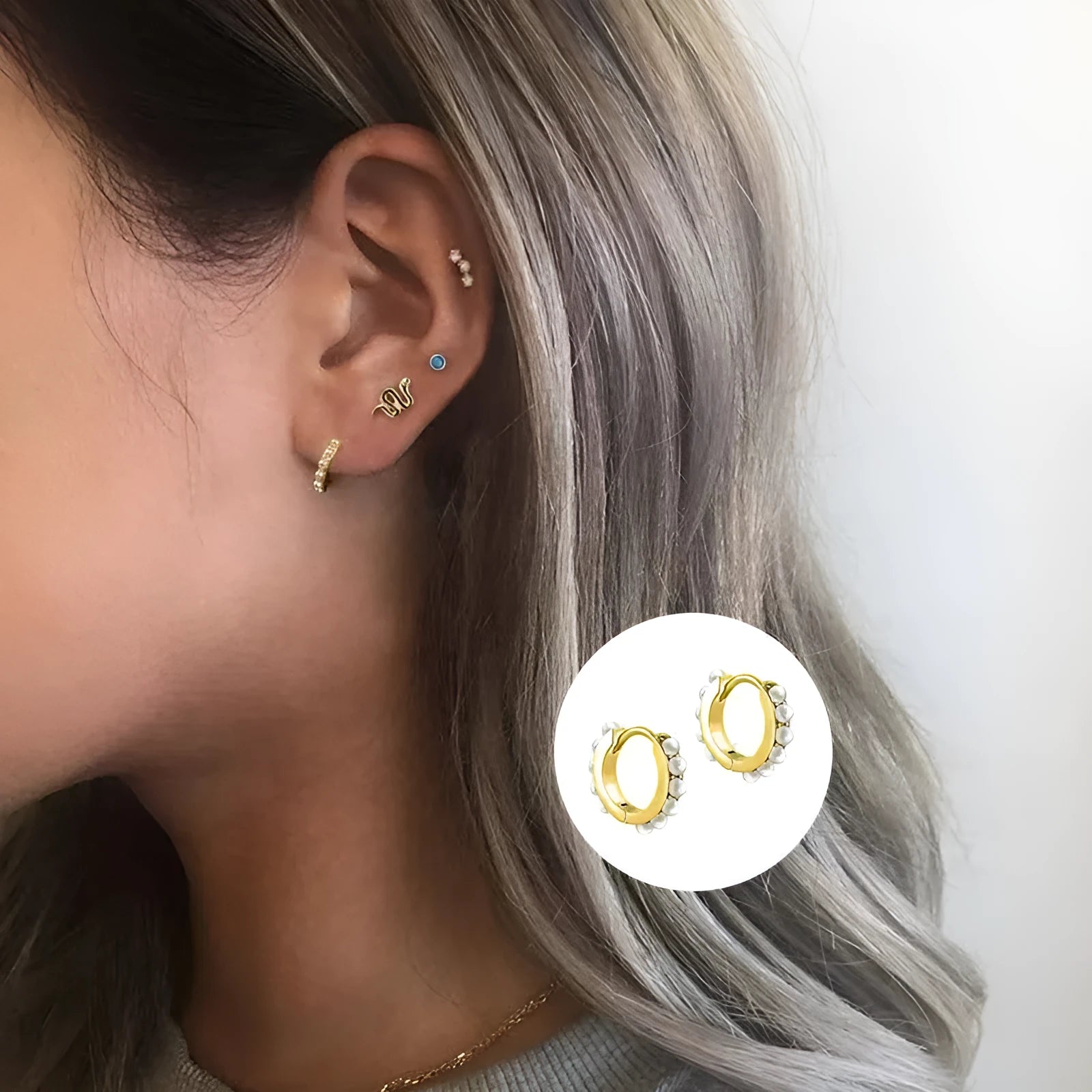 925 sterling silver 18K electroplated artistic pearl ear clip in gold finish with round imitation pearls and geometric frame