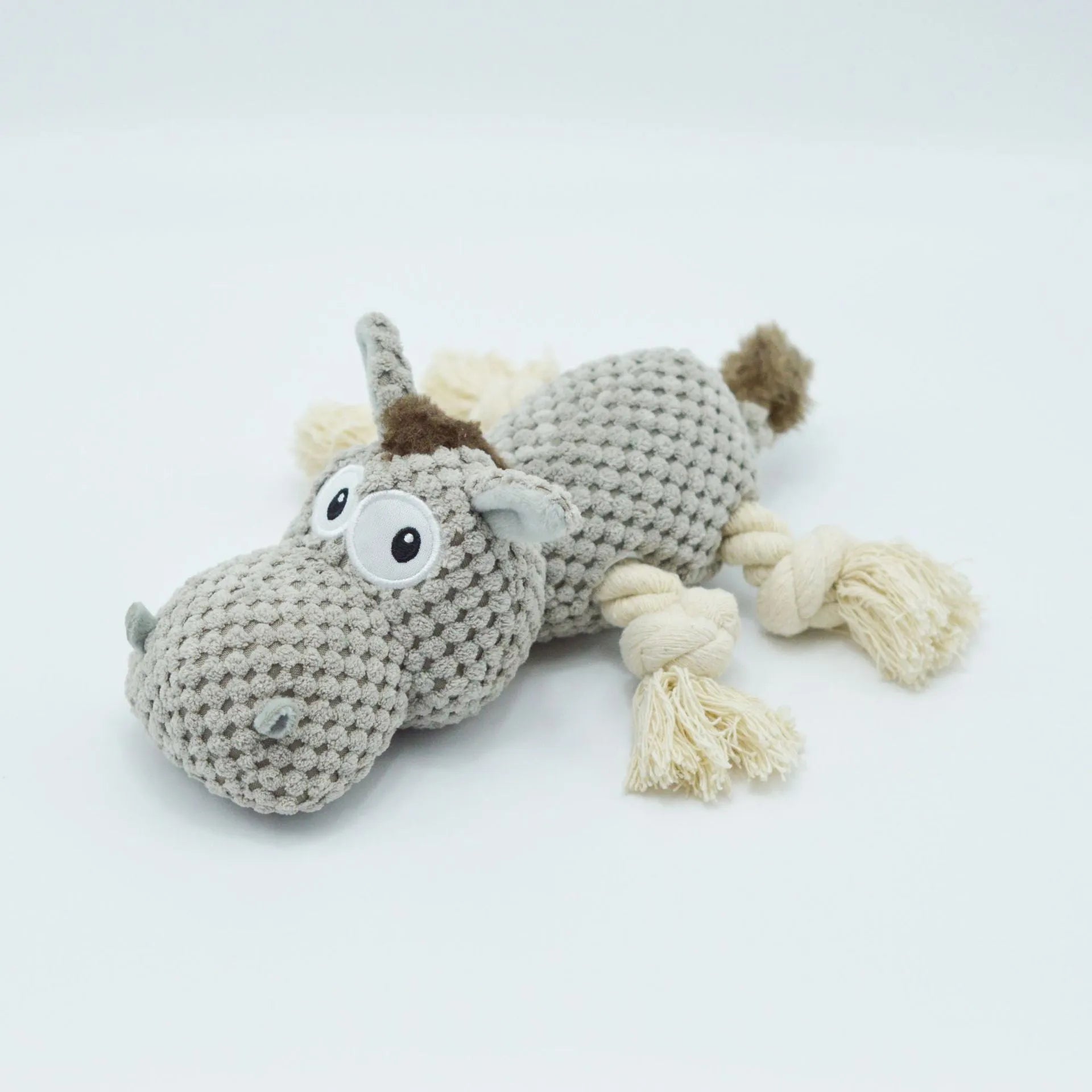 Gray donkey cloth velvet dog toy with creak sound on white background, measuring 27x20x9.5cm