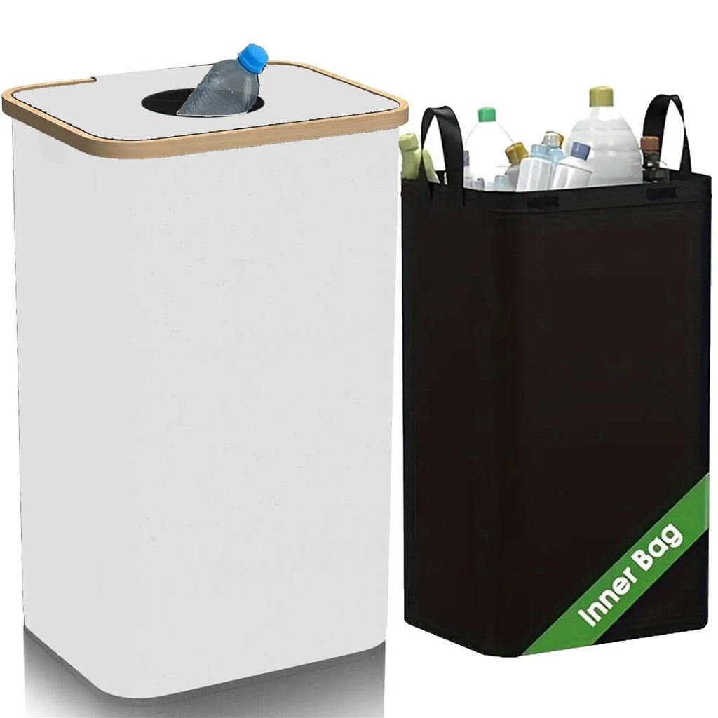 Black bamboo laundry basket with removable lid showing ventilation holes and inner storage pockets