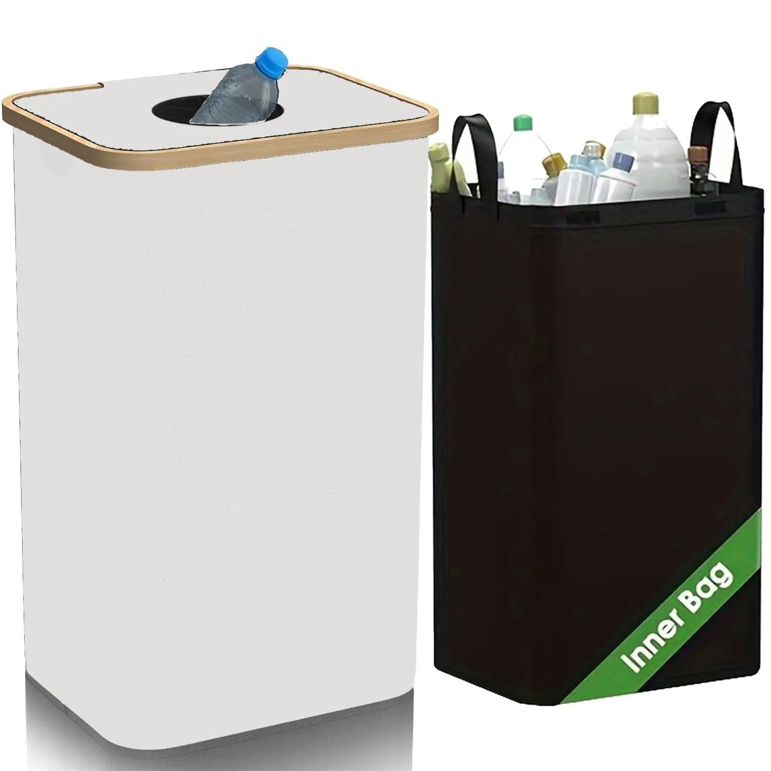 Black bamboo laundry basket with removable lid showing ventilation holes and inner storage pockets