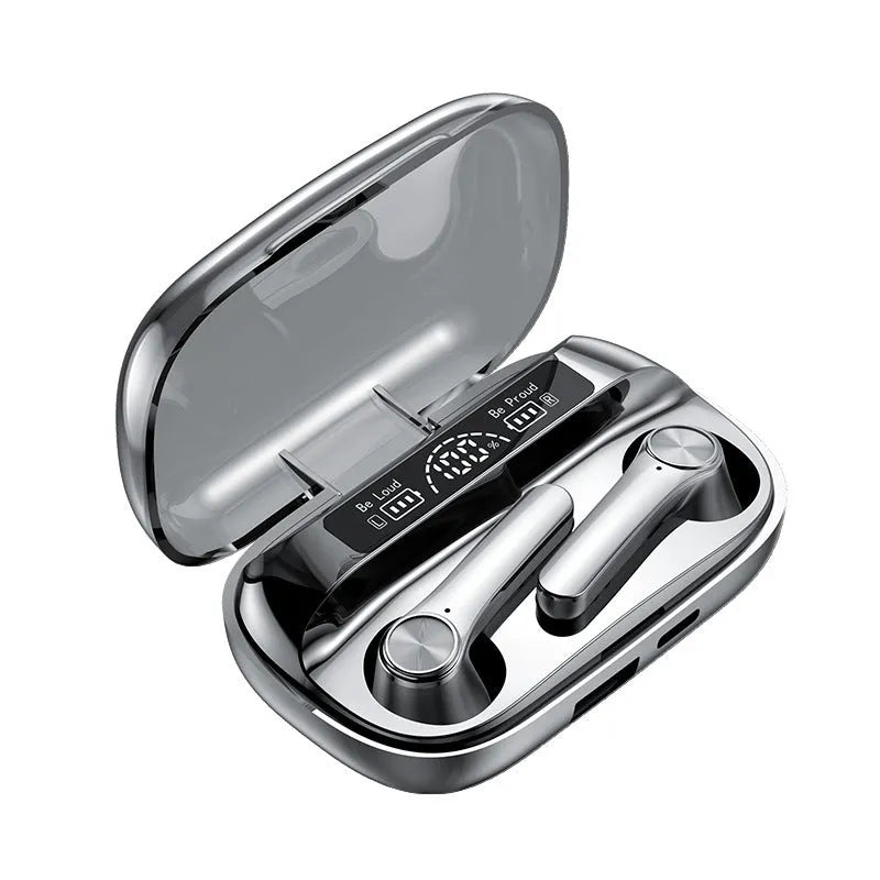 Wireless Bluetooth 5.3 TWS sports earbuds with touch controls and power display, earplug style in black
