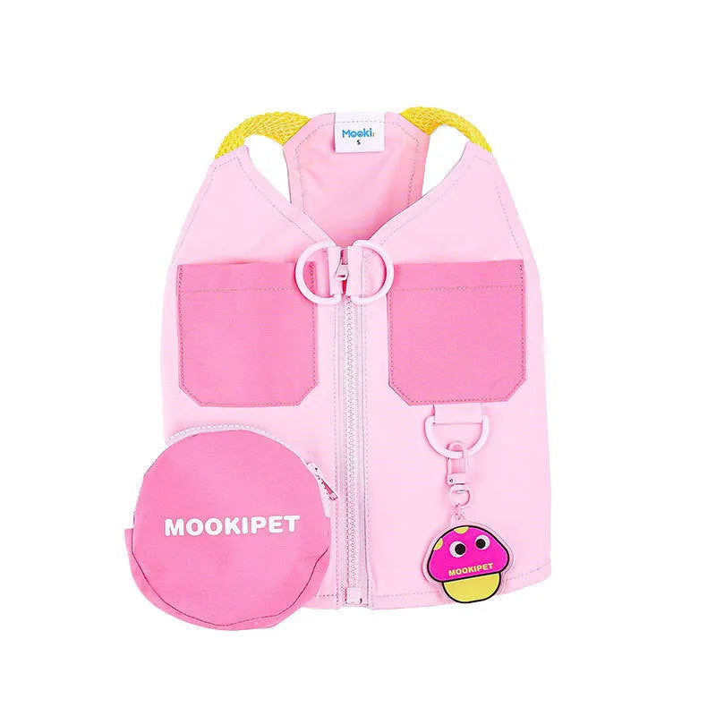 Pink polyester dog vest for small breeds like Bichon Frise on a white background.