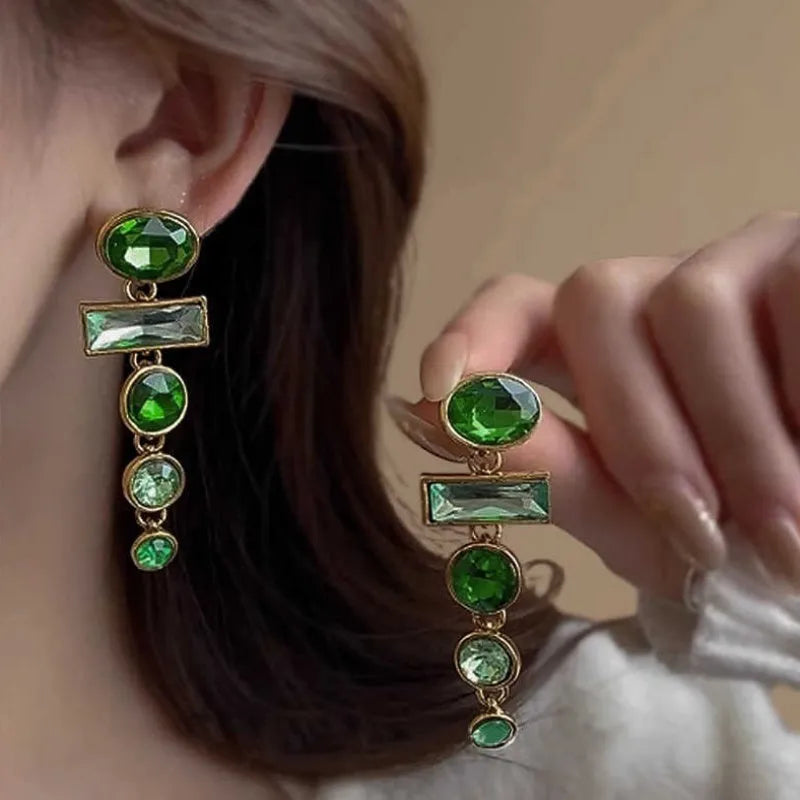 Chinese style geometric alloy earrings with retro green gradient colour and zircon inlaid tassels