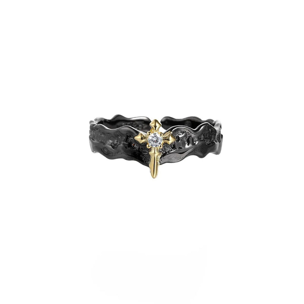 Adjustable silver couple ring with Princess Knight design in white gold or black gold electroplated finish.