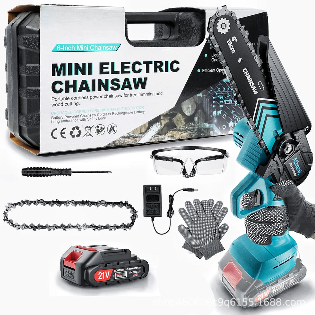 Household small handheld wireless rechargeable lithium electric saw with 6-inch chain and two batteries in storage box