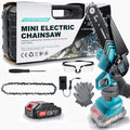 Household small handheld wireless rechargeable lithium electric saw with 6-inch chain and two batteries in storage box