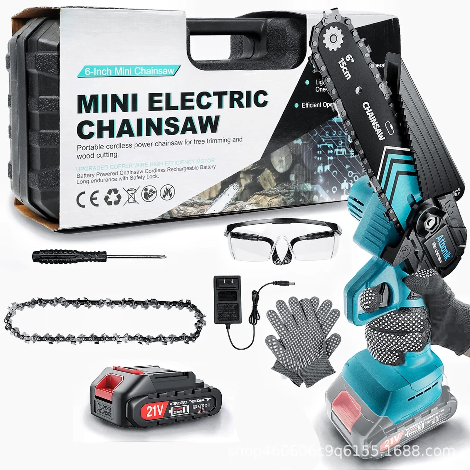 Household small handheld wireless rechargeable lithium electric saw with 6-inch chain and two batteries in storage box