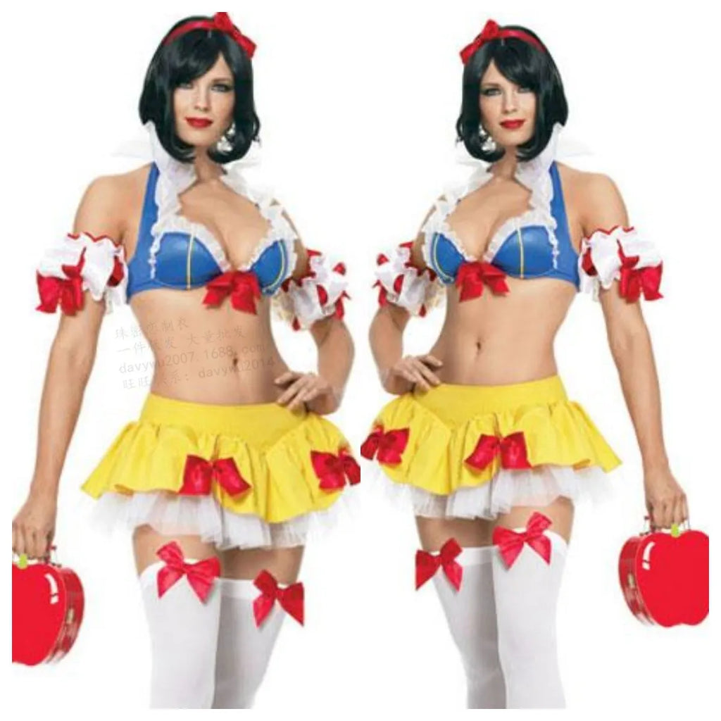 Snow White anime cosplay costume set with headdress, top, short skirt, and hand sleeves