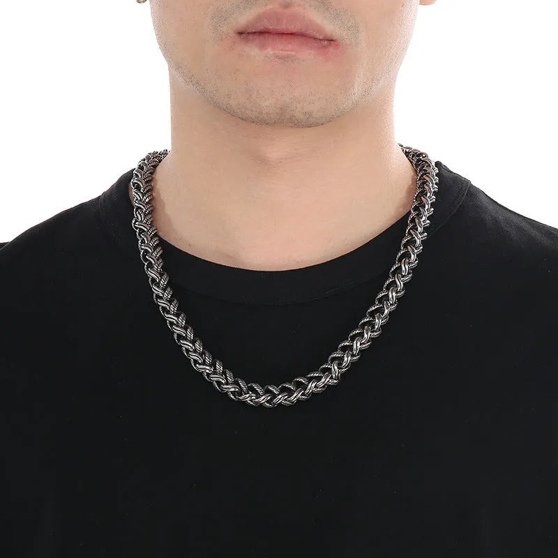 Men's titanium steel keel chain necklace with twist design and large links in antique silver finish.