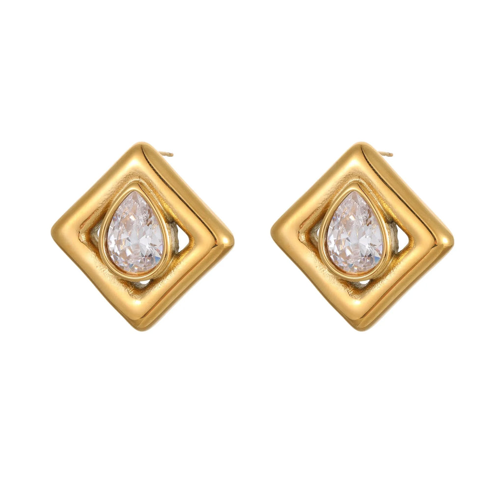 Gold electroplated stainless steel stud earrings with water drop zircon design