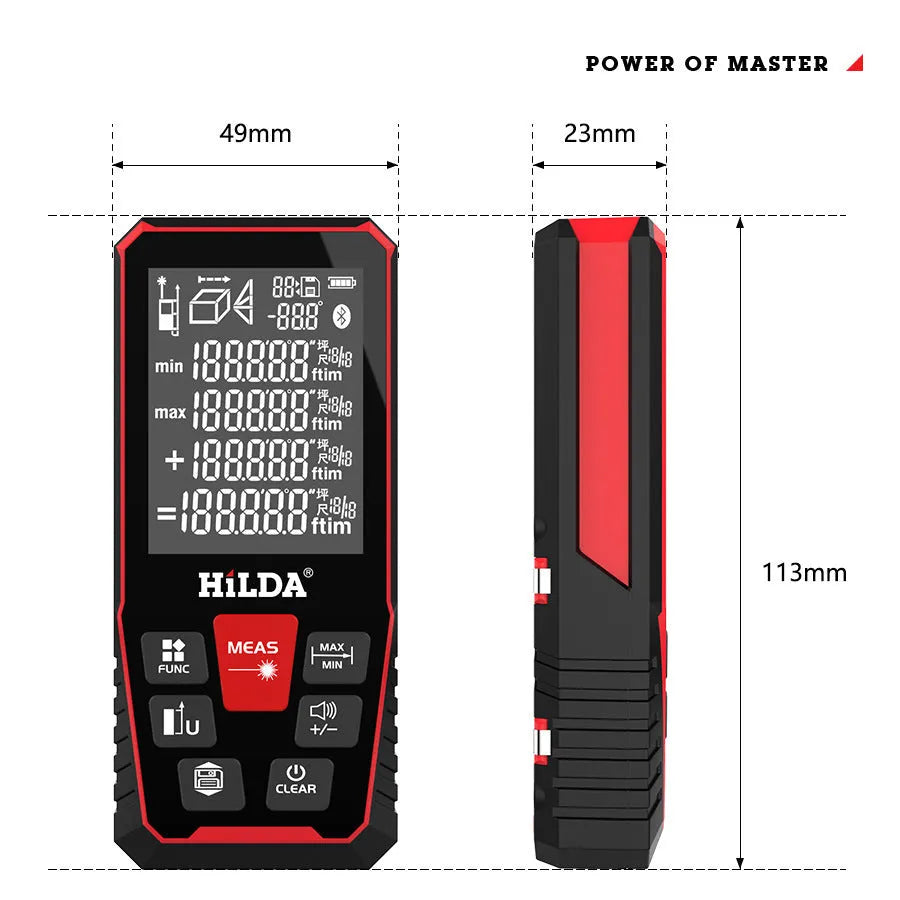 Handheld laser rangefinder for building measurement with plastic housing showing laser point display