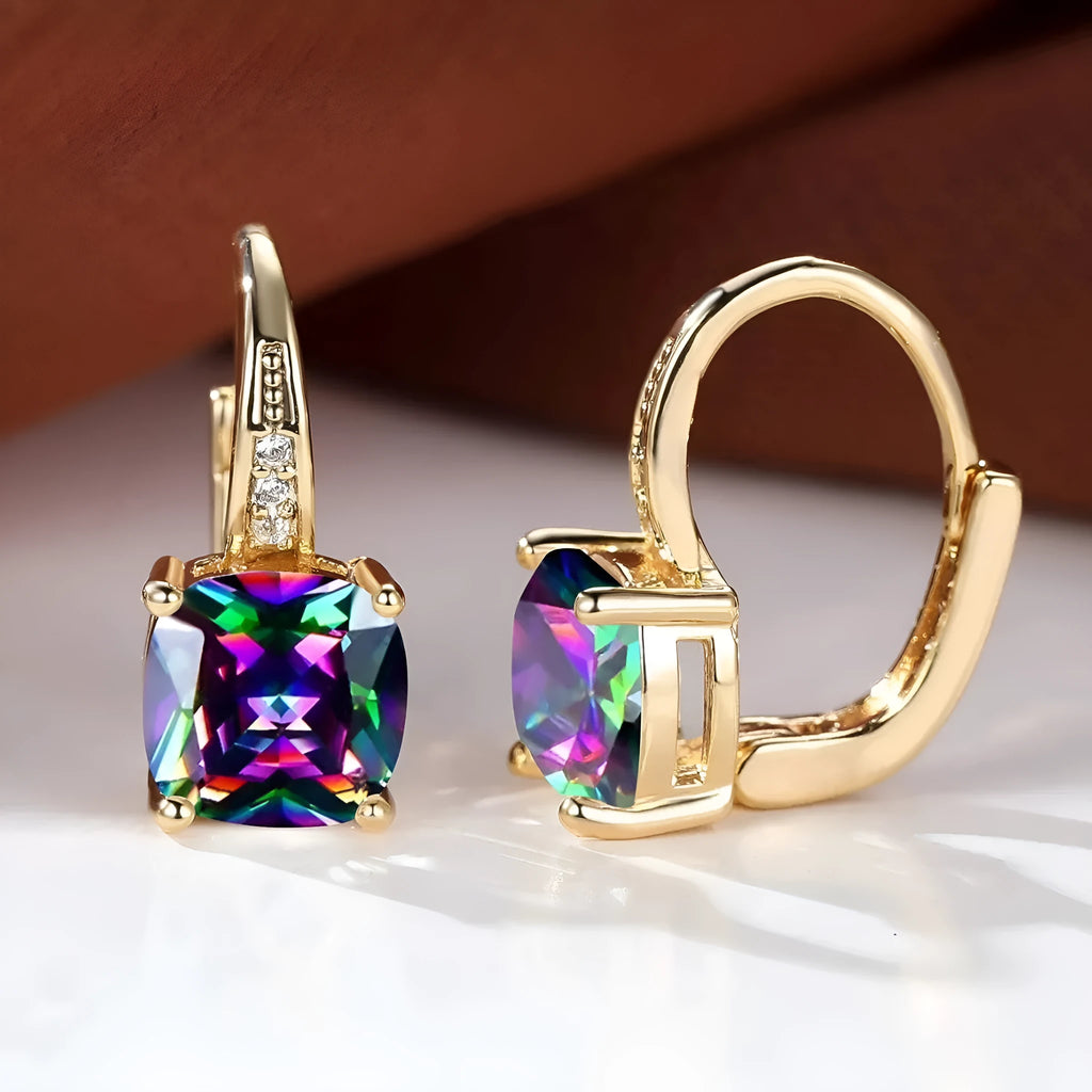 Geometric square ear clip with colourful moissanite detailing and electroplated metallic finish