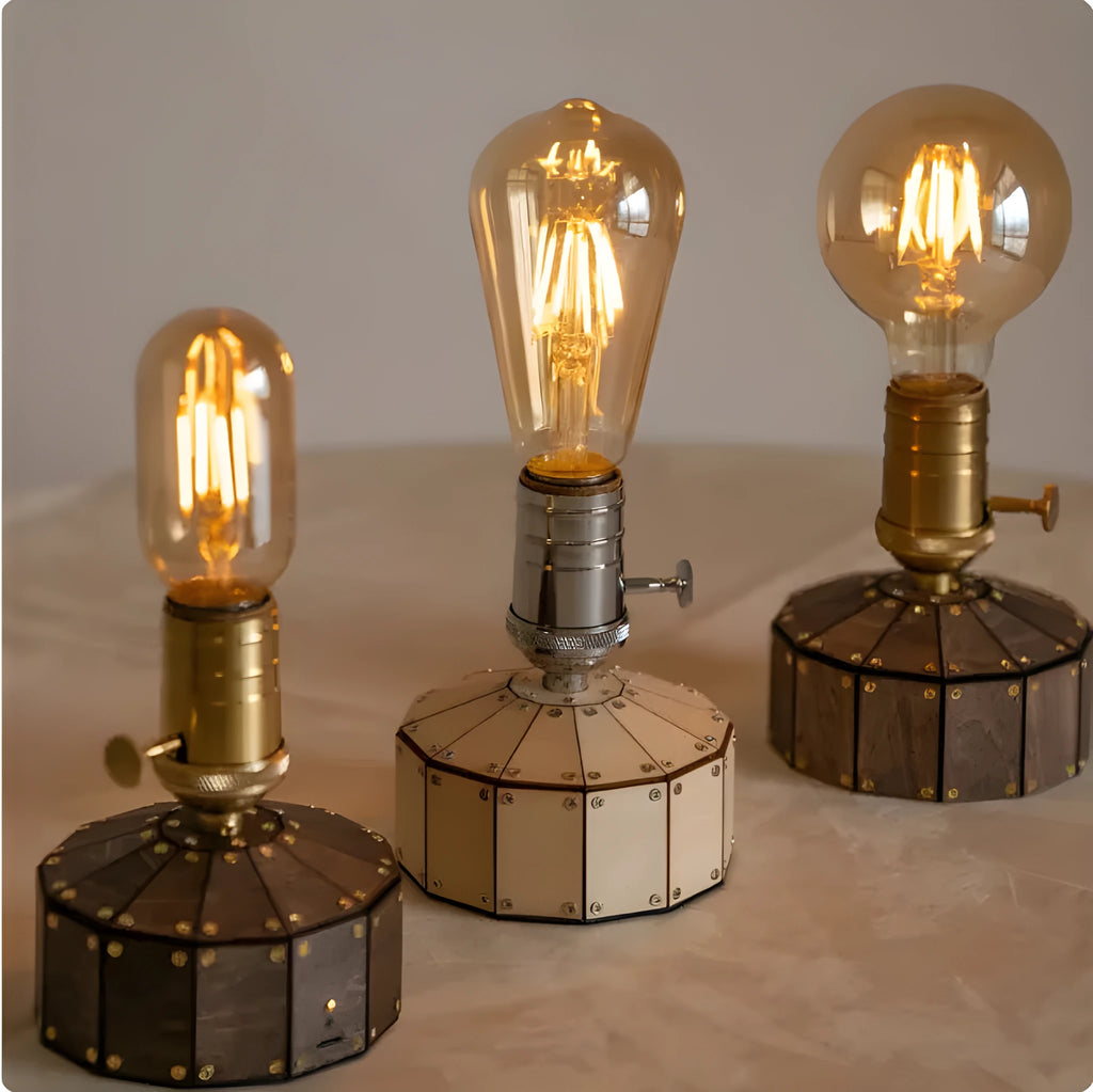 Retro rechargeable bedside ambient light with wooden base and ST64 bulb on a bedside table