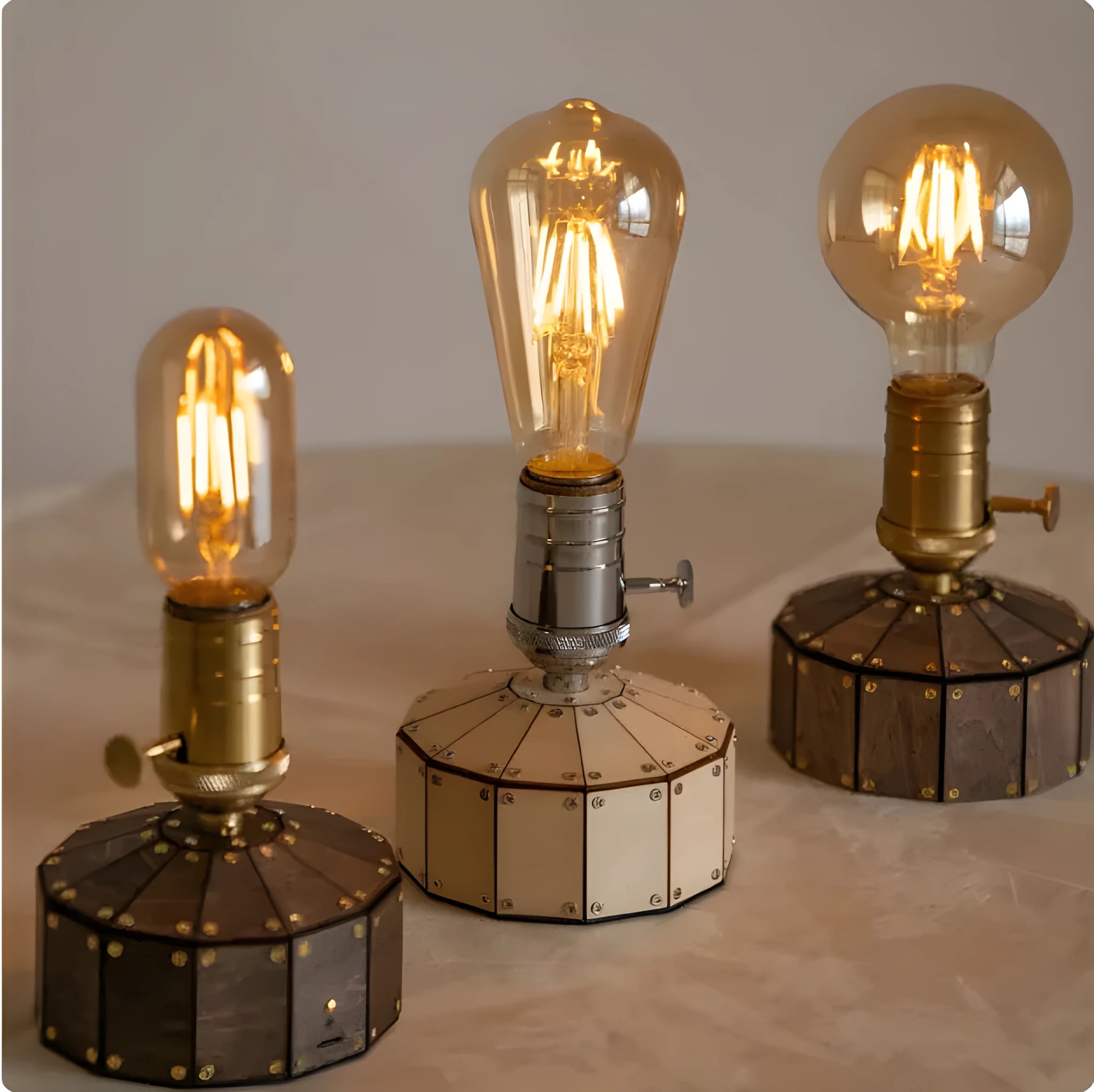Retro rechargeable bedside ambient light with wooden base and ST64 bulb on a bedside table