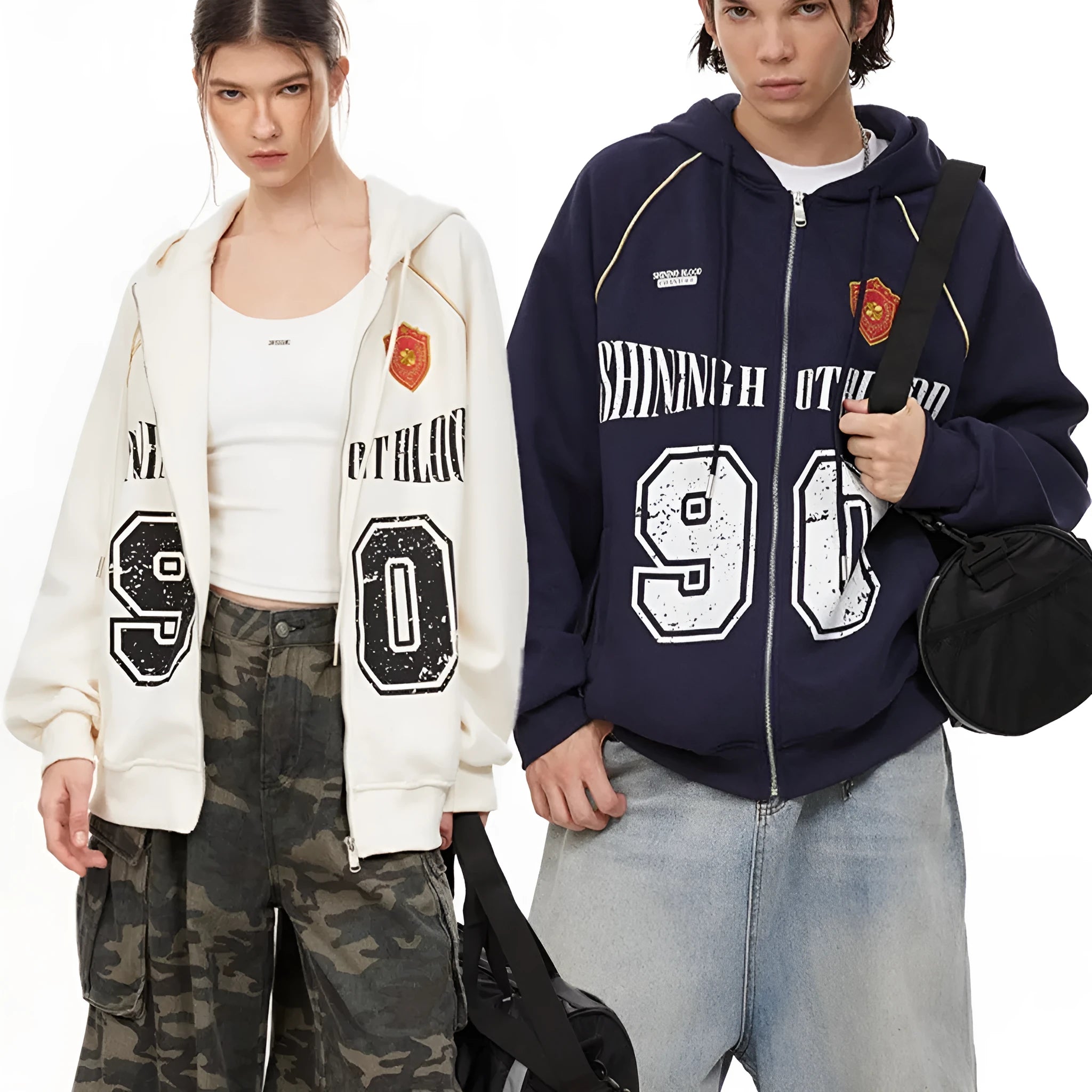Women's loose red American retro jacket with white letter embroidery on front, hood up.