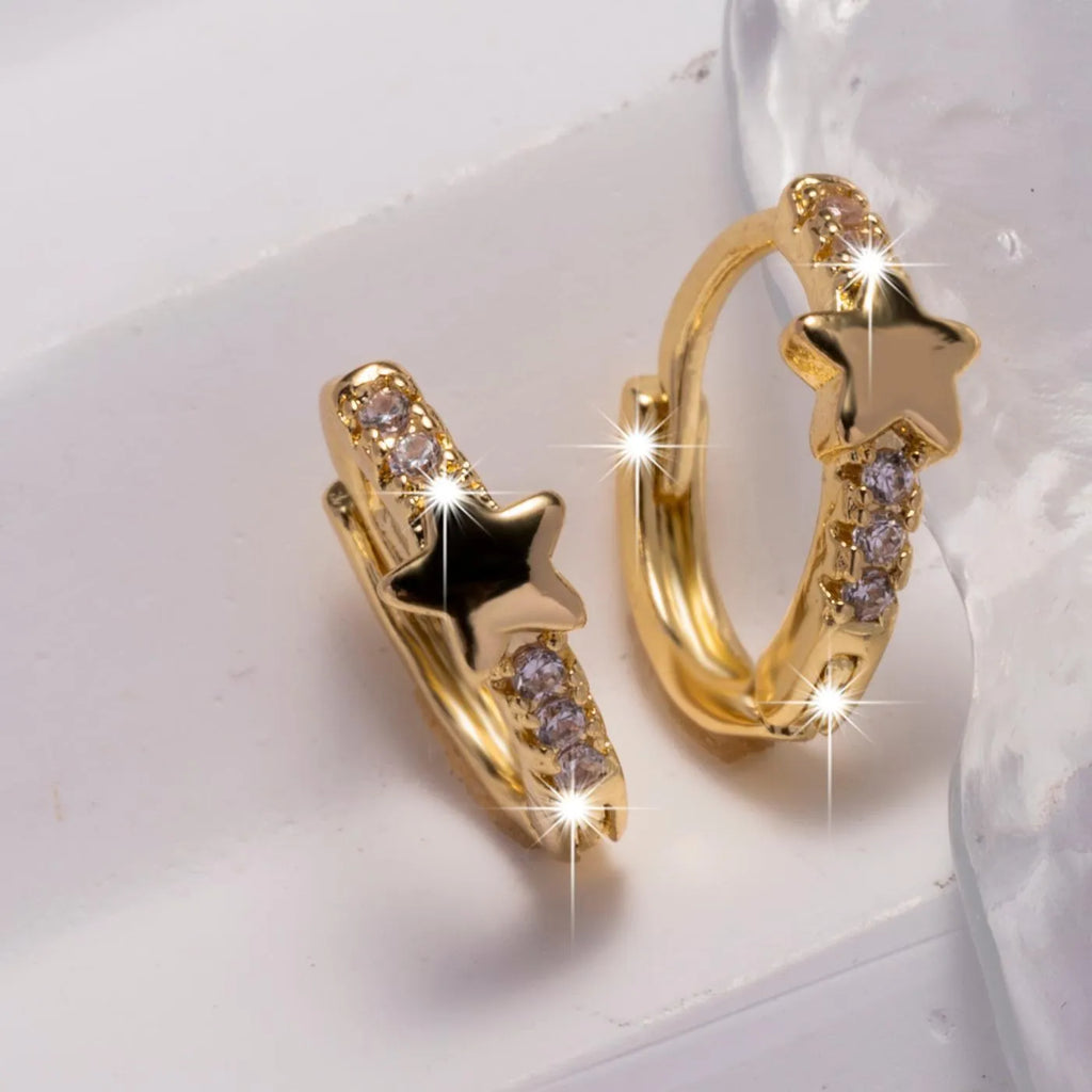 Gold copper geometric five-pointed star earrings with inlaid zircon for women