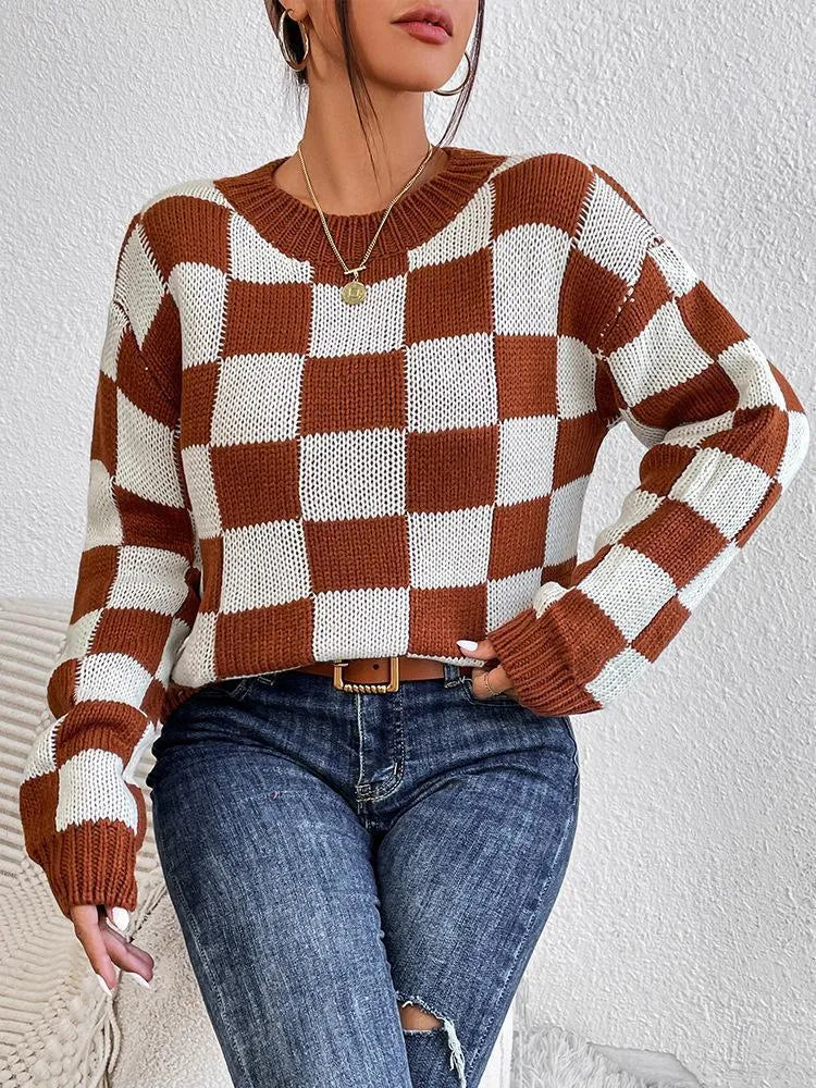 Dark brown chessboard plaid pattern acrylic pullover sweater with loose fit and round neck
