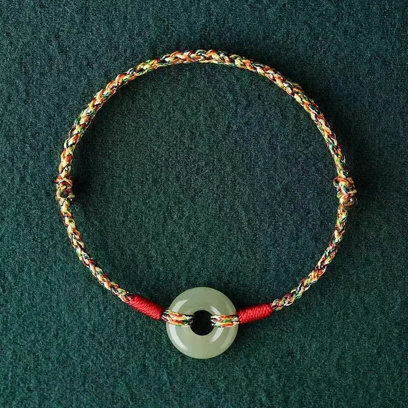 Woven peace buckle colourful rope bracelet on display – unisex natural style handmade accessory