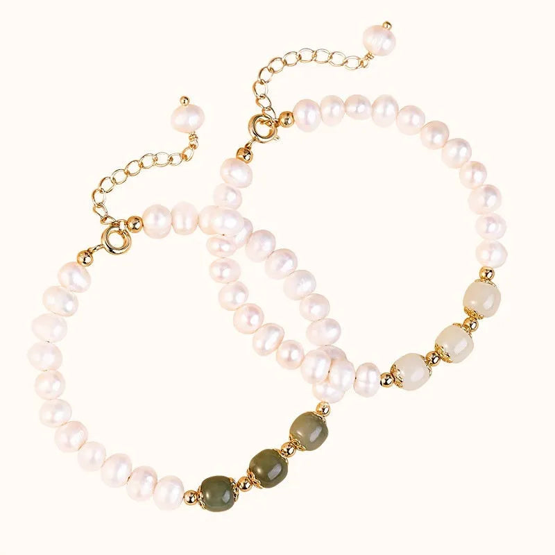 Korean style bracelet with diamond-shaped natural freshwater pearls in electroplated Hetian jade colour.