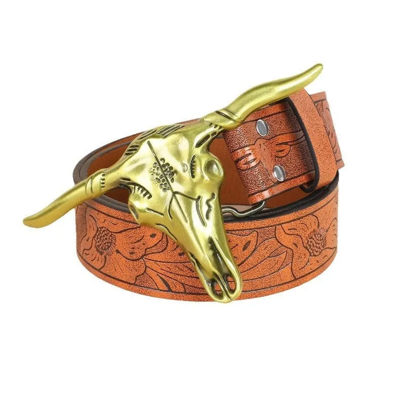 Men's brown imitation leather belt with alloy cow head buckle showing pin fastening