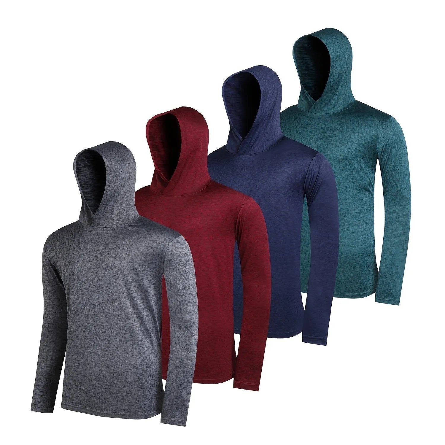 Set of four men's lightweight polyester hoodies in various colours, some with hats.