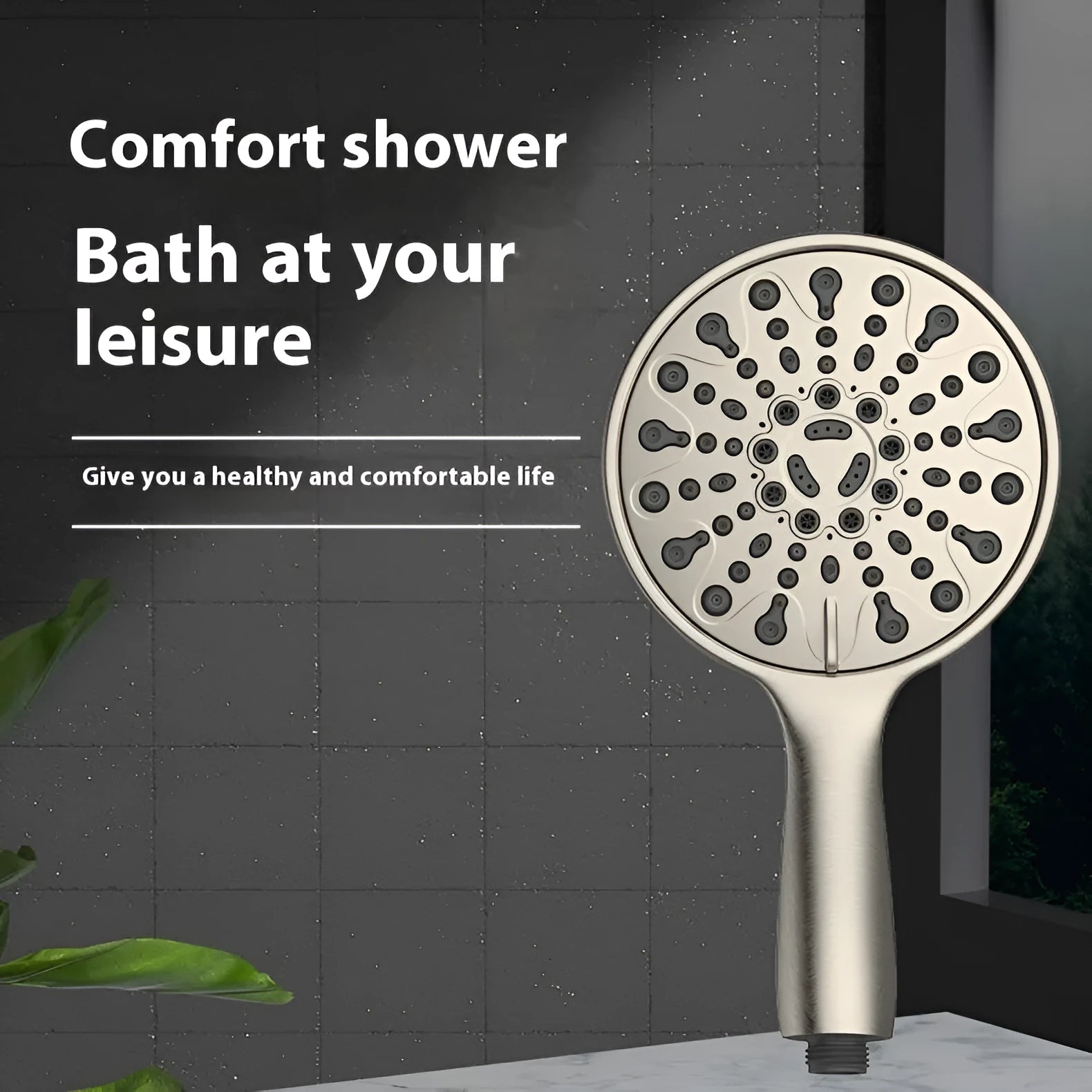 Six-function handheld shower head with ABS plastic construction and electroplated finish