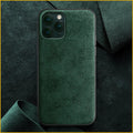 Suede mobile phone case for iPhone in elegant black, dark night green, and dark blue colours.