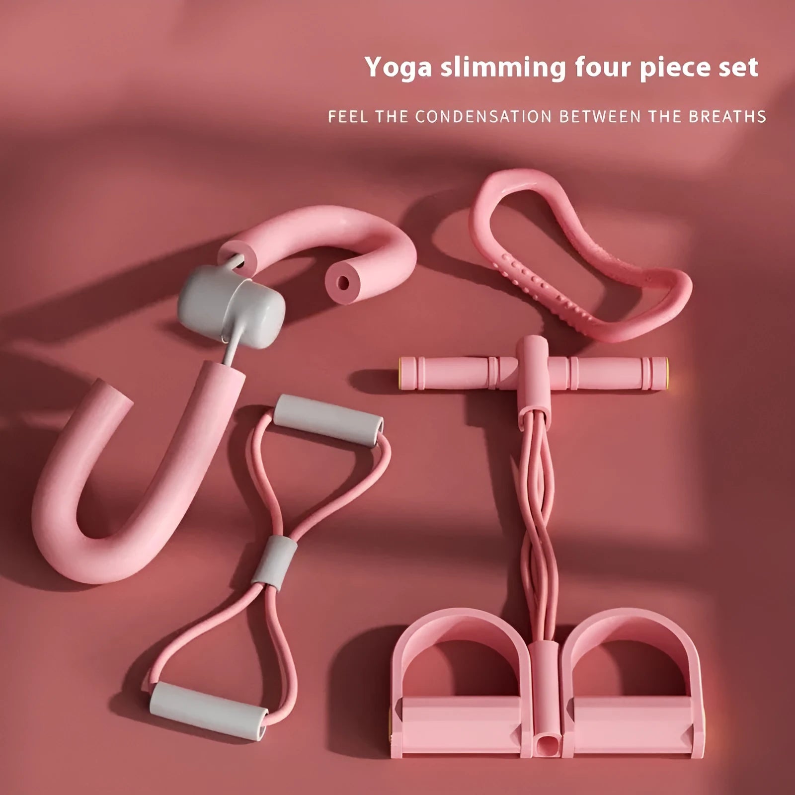 Yoga four piece set showing leg stretcher, yoga ring, foot pedal device and figure eight tension rope