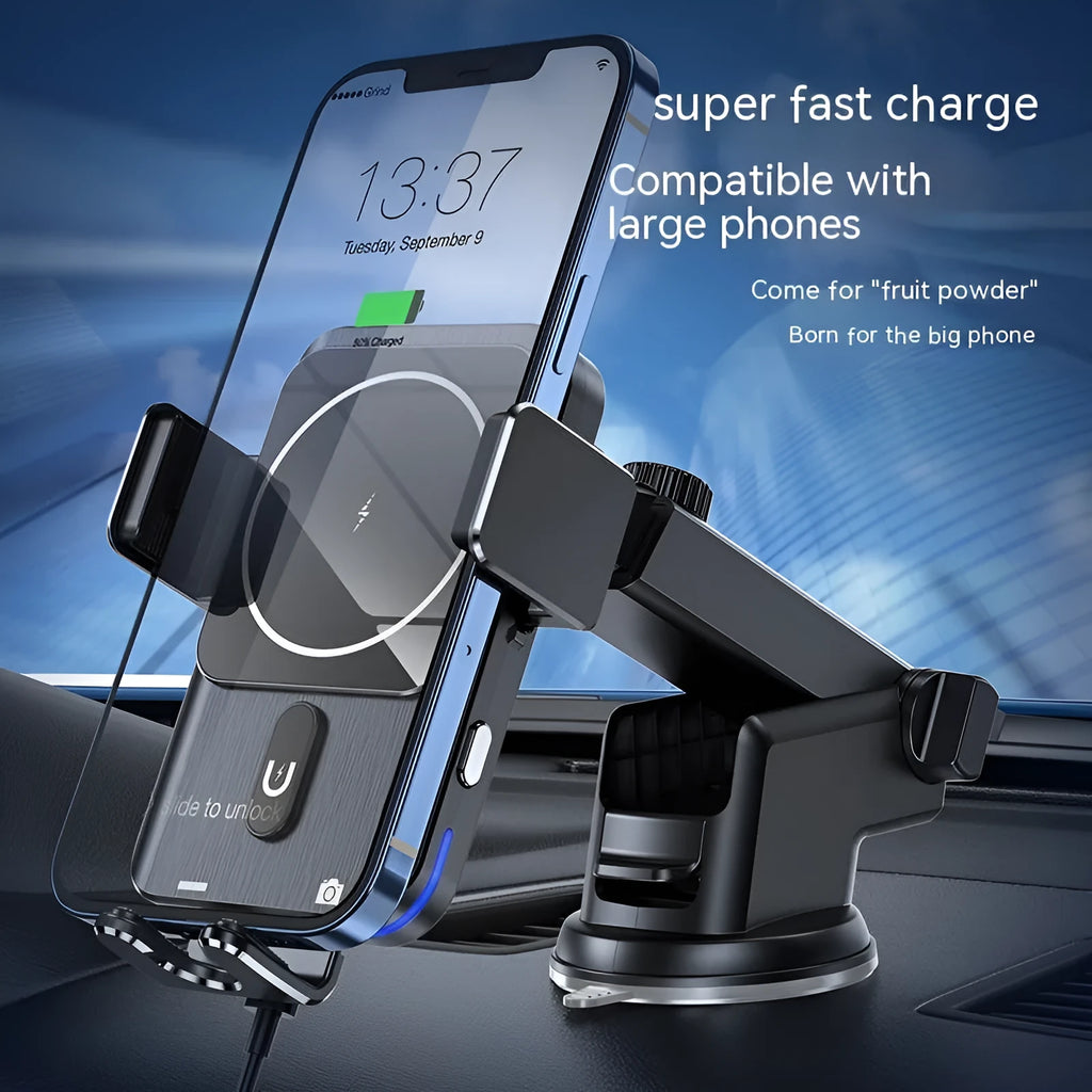 Black car wireless phone charging holder mounted on dashboard with 15W fast charging capability