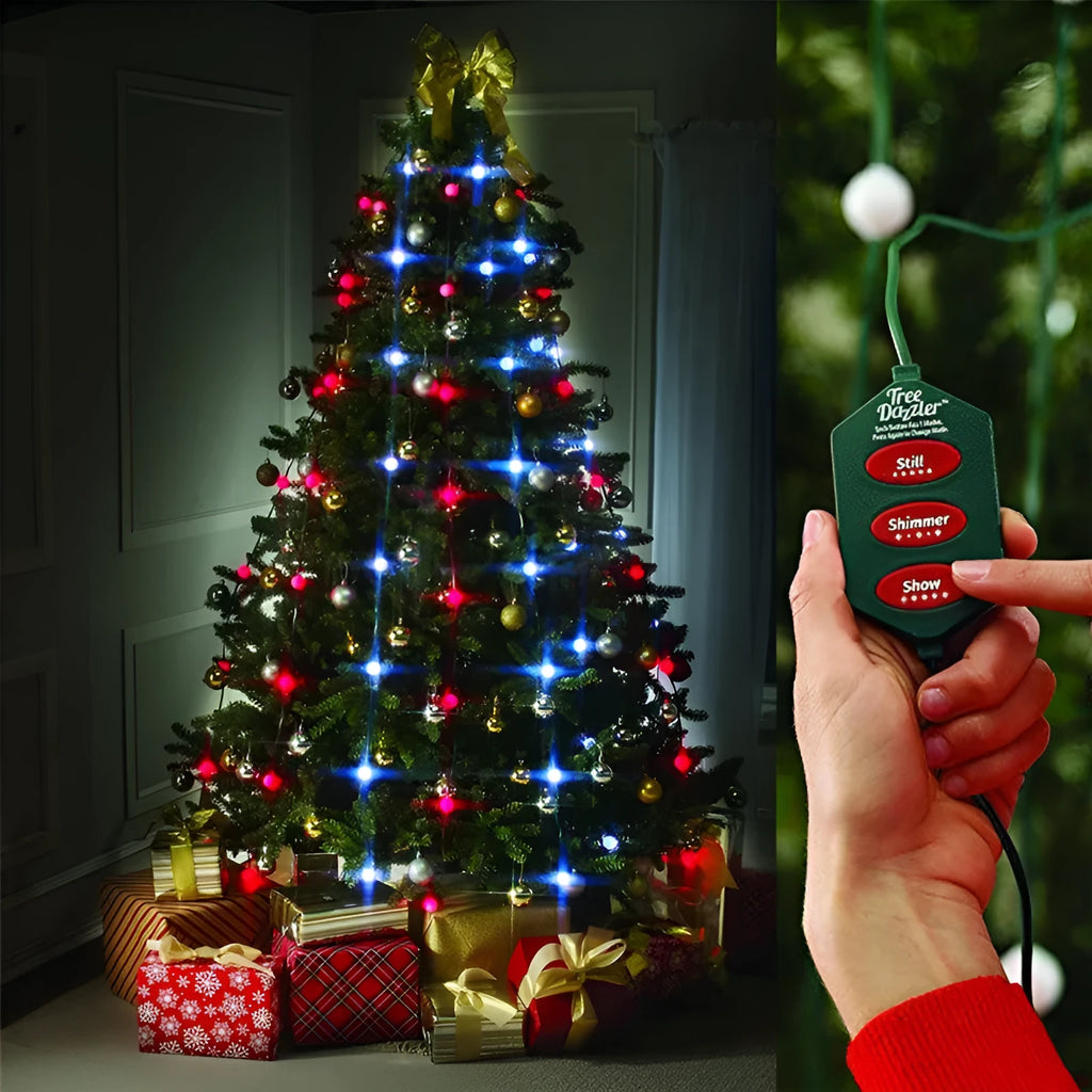 64 LED dazzler shower tree light string with dimming and colour change on a Christmas tree