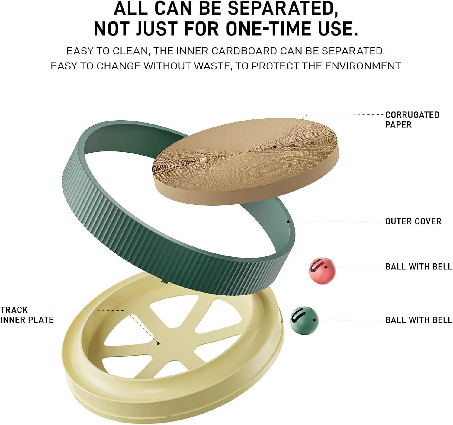 Large circular cat scratching board with integrated ball toys on green background