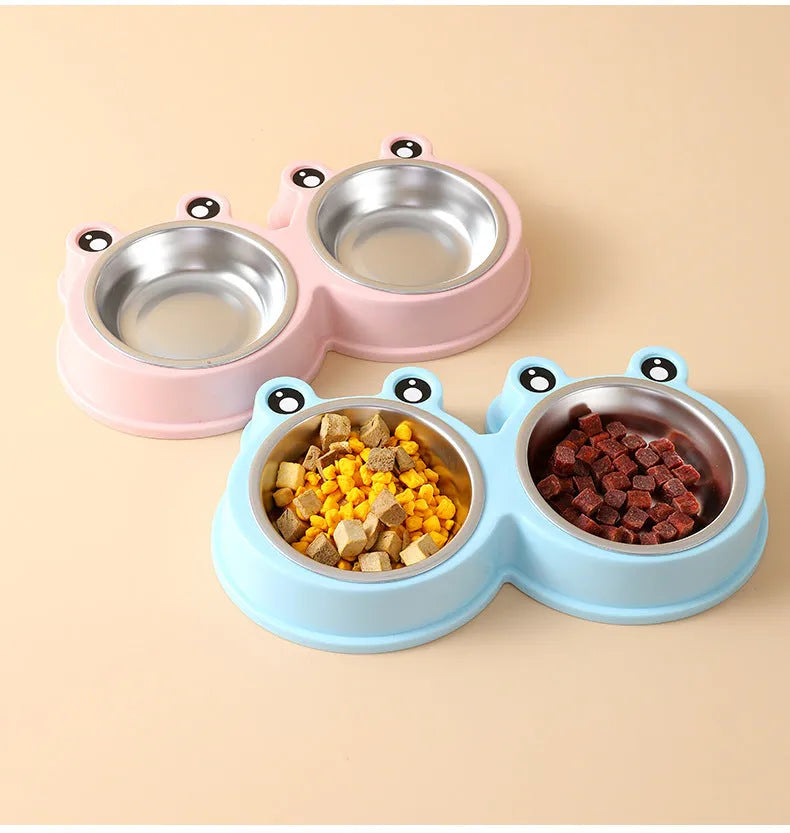 Stainless steel pet double bowl with food and water compartments in blue colour