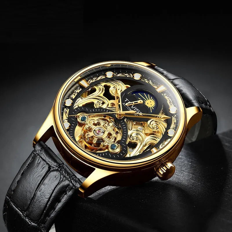 Automatic mechanical men's watch with skeleton movement and leather strap