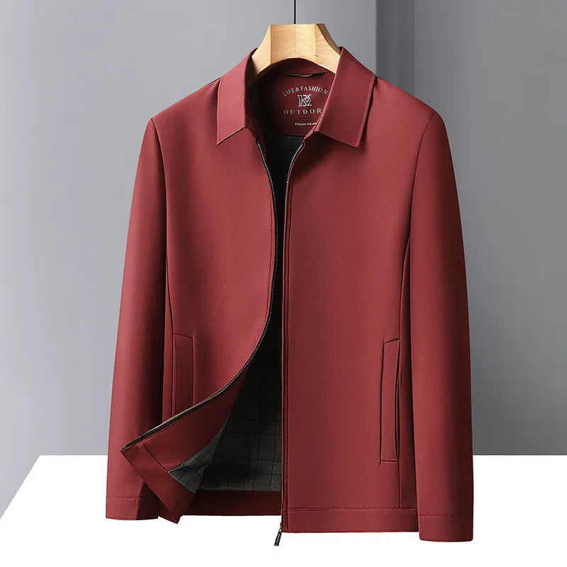 Men's solid colour casual polyester polo collar jacket loose fit side pockets navy blue front view