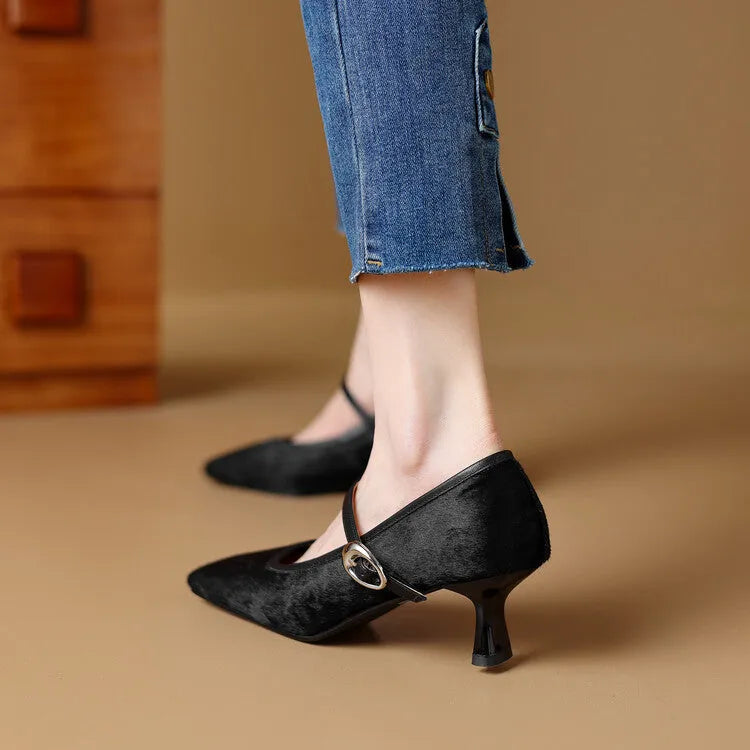 Women's black square toe stiletto ankle-strap heels with horse hair upper