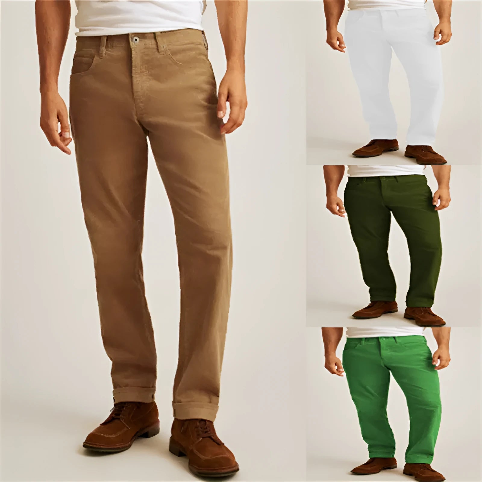 Cotton blend corduroy straight-leg trousers in green, army green, white, and khaki colours