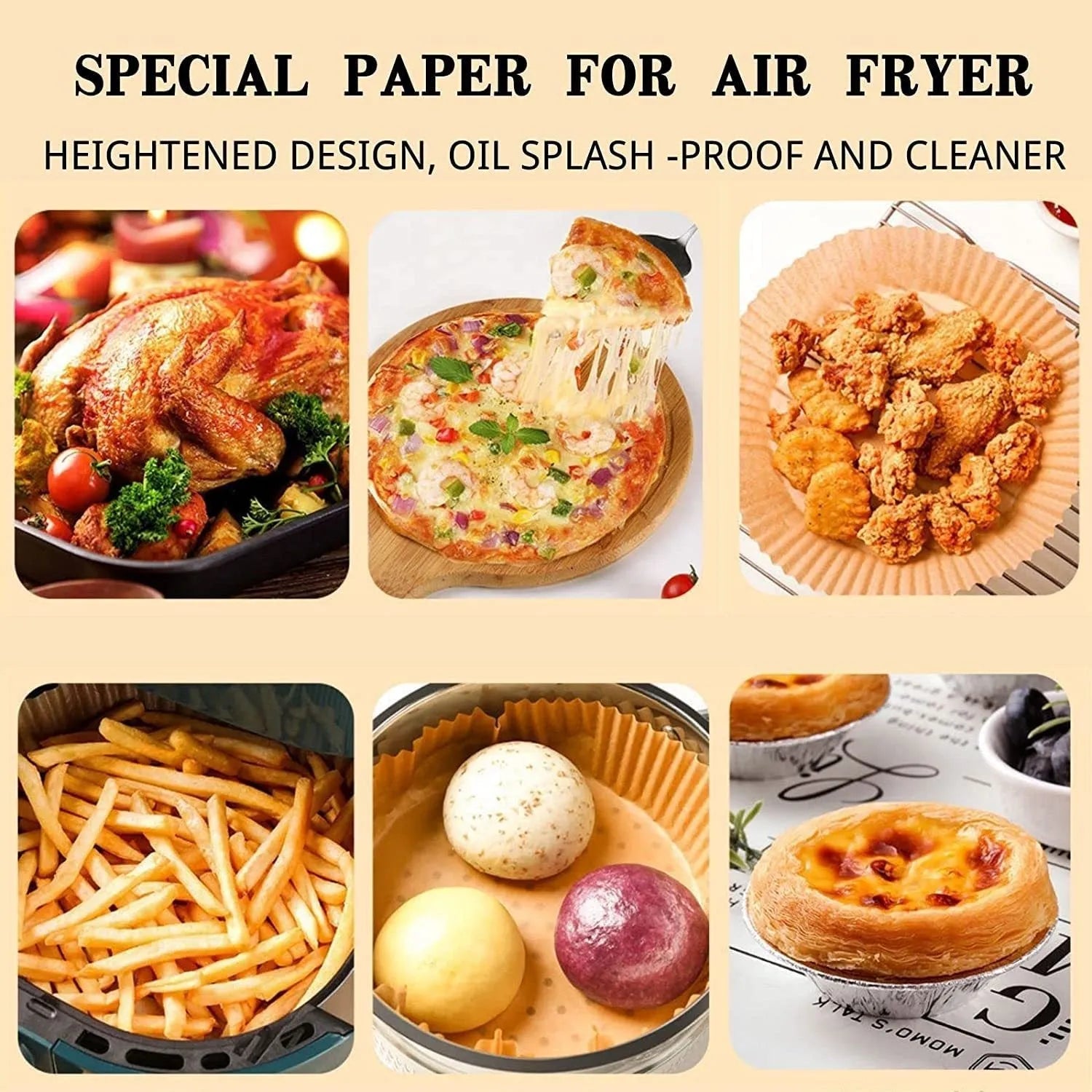 White round disposable food-grade parchment air fryer liner with 4.5cm raised edge, 16cm diameter