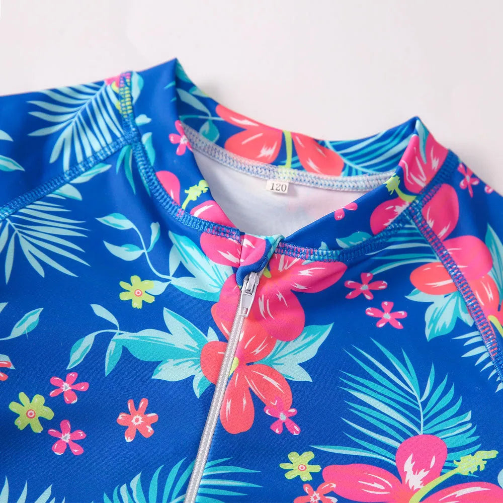 Girl's long-sleeve one-piece swimming suit in polyester fabric, briefs style, multiple colour options, sizes 100-150cm