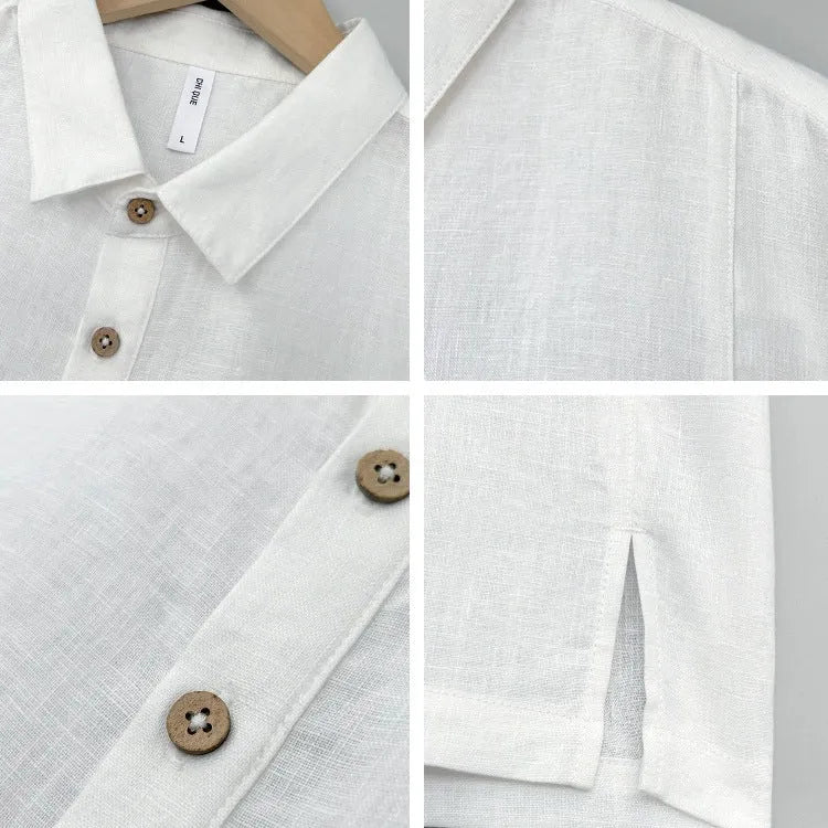 Man wearing a loose-fitting grey green linen top with thin lapels and short sleeves