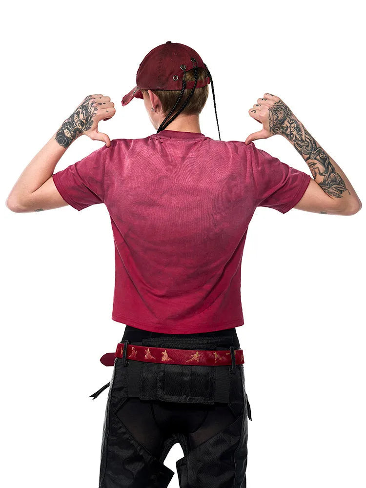 Red men's slim-fit cotton t-shirt with distressed washing finish and short sleeves