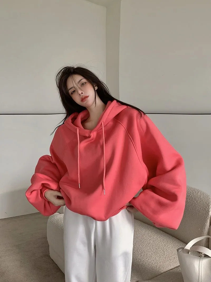 Women's mulberry silk hooded sweater in watermelon red colour with loose pullover style