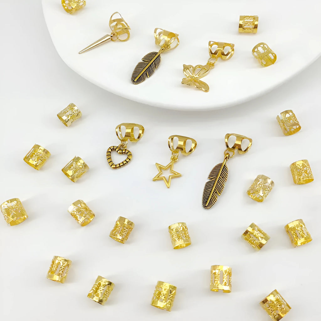 Set of 26 antique-style leaf braid rings in gold and silver alloy with electroplated finish