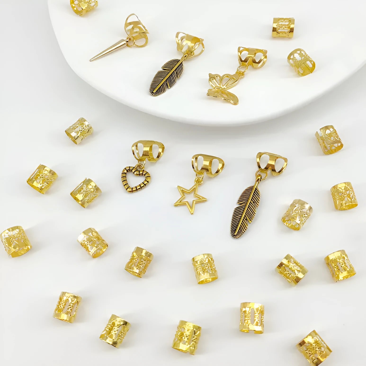 Set of 26 antique-style leaf braid rings in gold and silver alloy with electroplated finish
