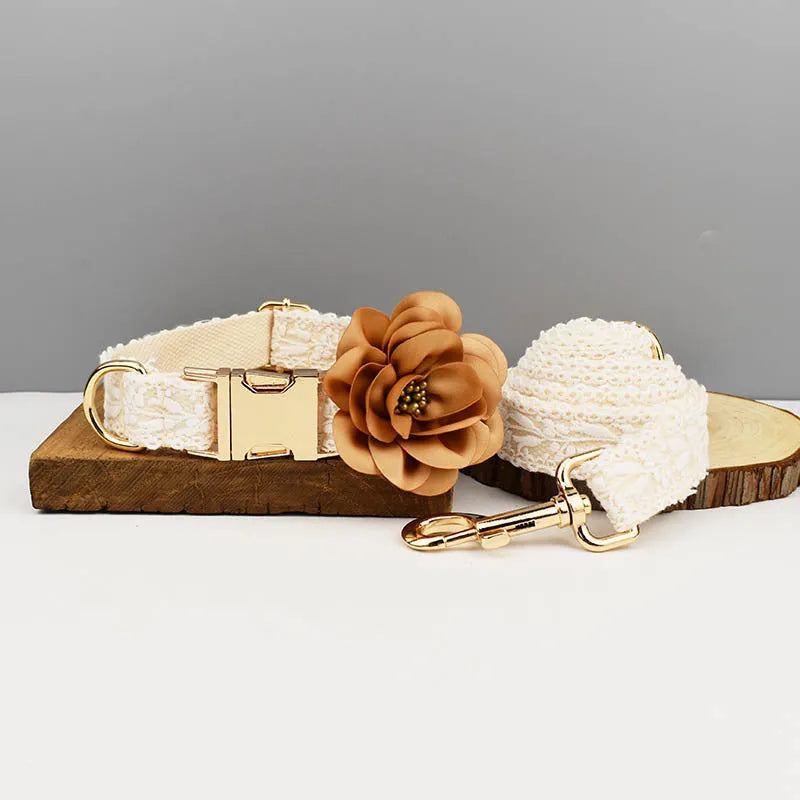 Polyester pet vest collar set with lace and lettering for dogs, including collar, leash, vest, and flower