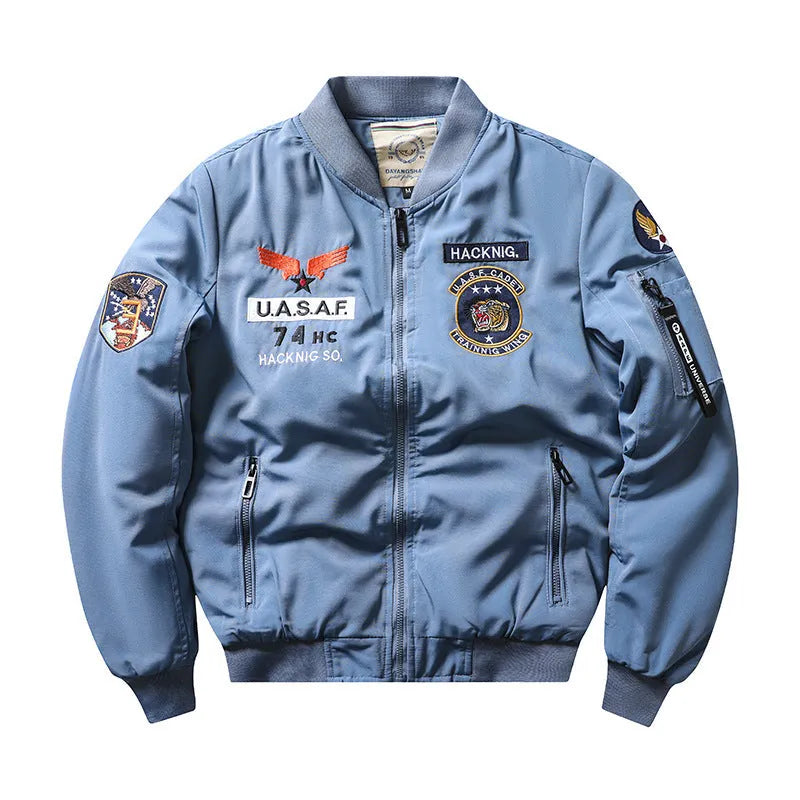 Men's slim-fit retro motorcycle coat with Harley embroidery on chest, stand collar, and patch pockets.