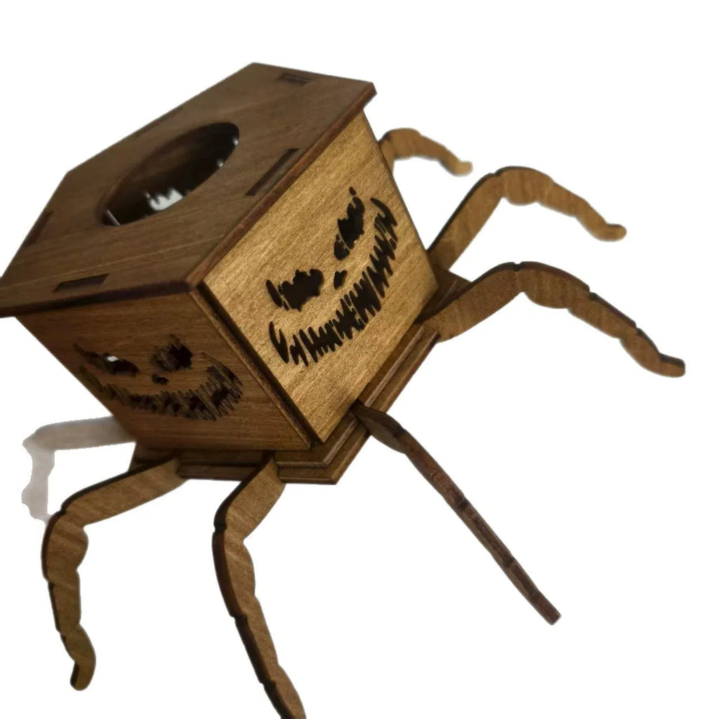 Wooden Halloween spider-themed mini lantern candlestick decoration measuring 21cm by 8.5cm.