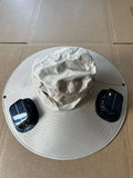 Men's grey solar fan cap with large brim and built-in fan on a sunny background