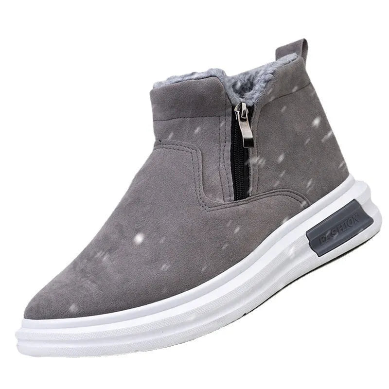 Men's fashion snow boots in black with side zipper, cotton upper, and flat wedge heel