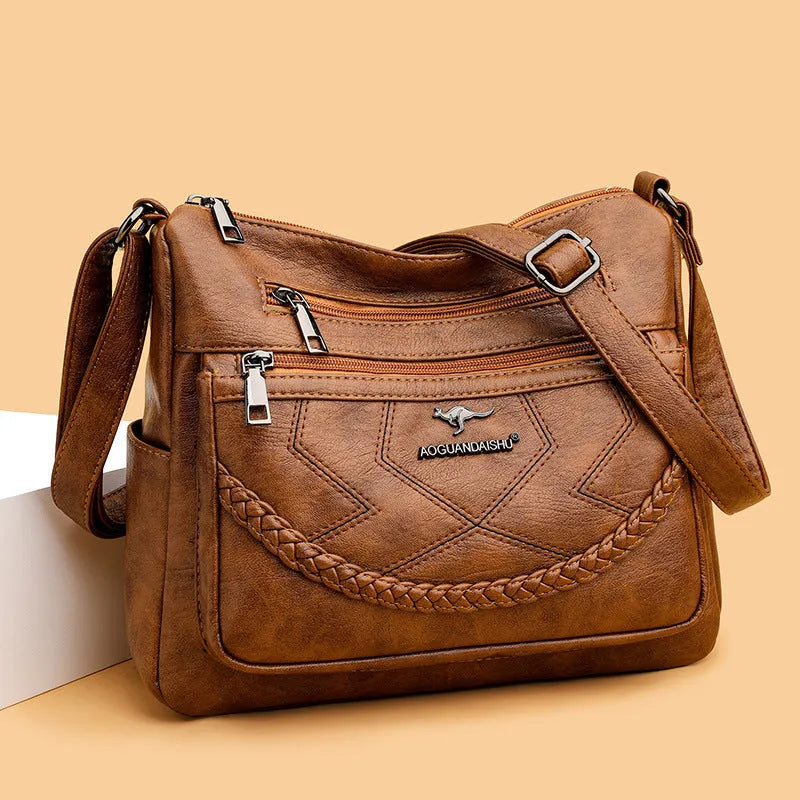 Soft PU leather shoulder bag with sandwich pocket and horizontal square design